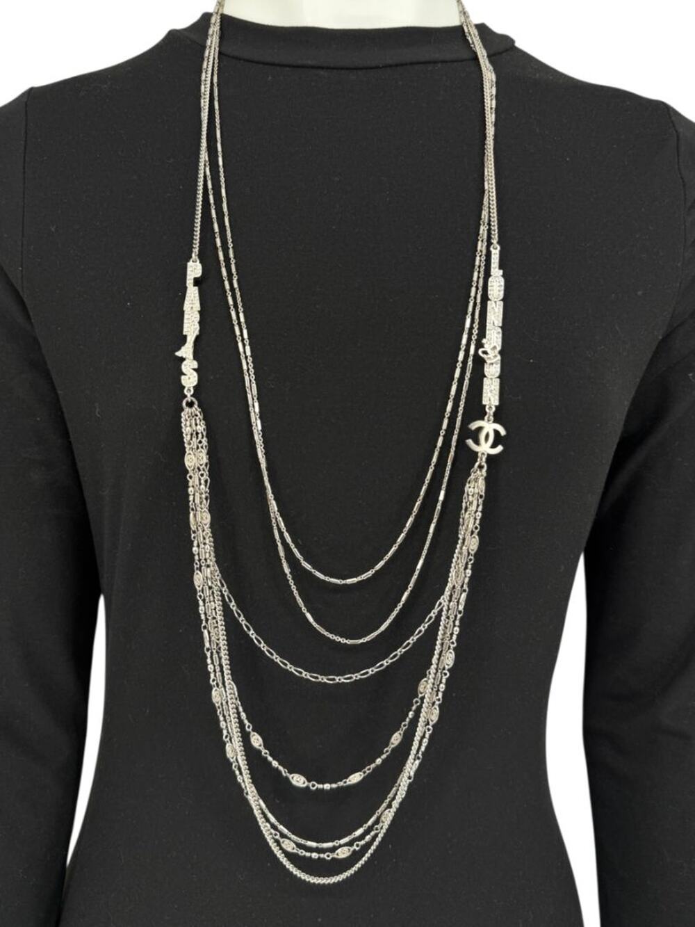 Chanel Silver Multi-Strand “Paris London” Crystal Chain Necklace